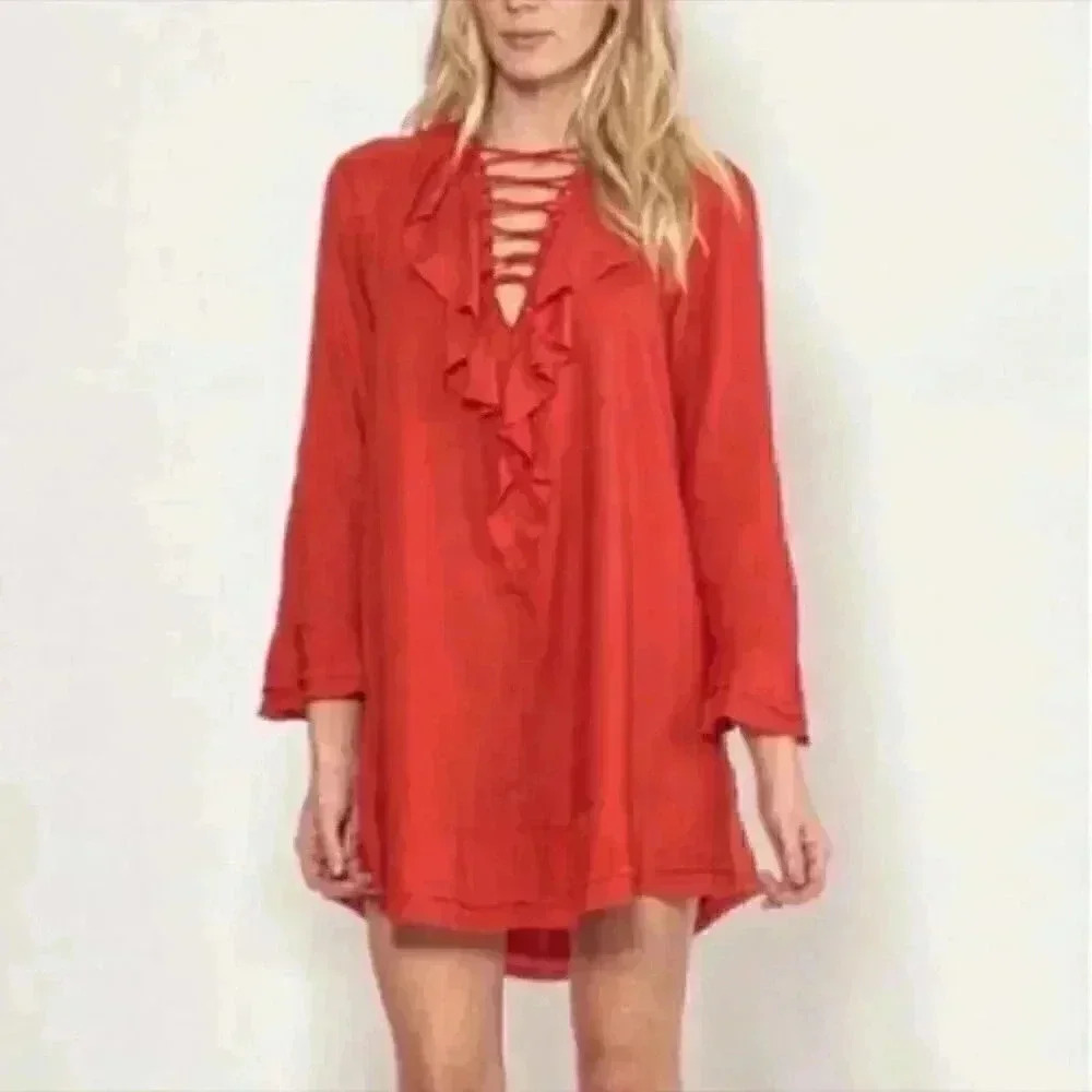 Iro Florine Mini Red Distressed Frayed Short Lace Up Shift Dress